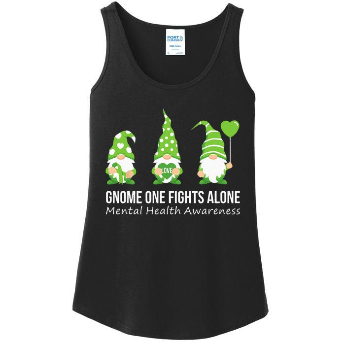 Gnome One Fights Alone Mental Health Awareness Green Ribbon Ladies Essential Tank