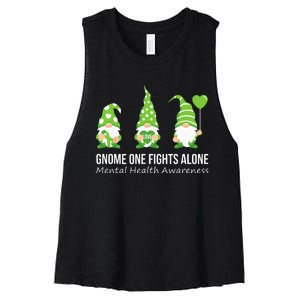 Gnome One Fights Alone Mental Health Awareness Green Ribbon Women's Racerback Cropped Tank