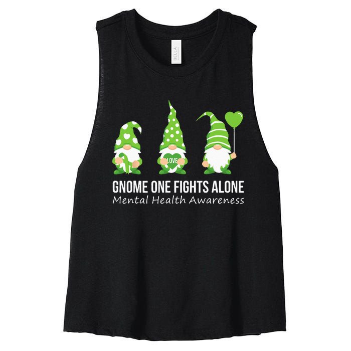 Gnome One Fights Alone Mental Health Awareness Green Ribbon Women's Racerback Cropped Tank