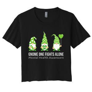 Gnome One Fights Alone Mental Health Awareness Green Ribbon Women's Crop Top Tee