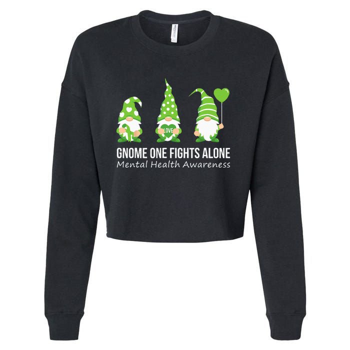 Gnome One Fights Alone Mental Health Awareness Green Ribbon Cropped Pullover Crew