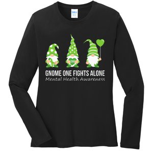 Gnome One Fights Alone Mental Health Awareness Green Ribbon Ladies Long Sleeve Shirt