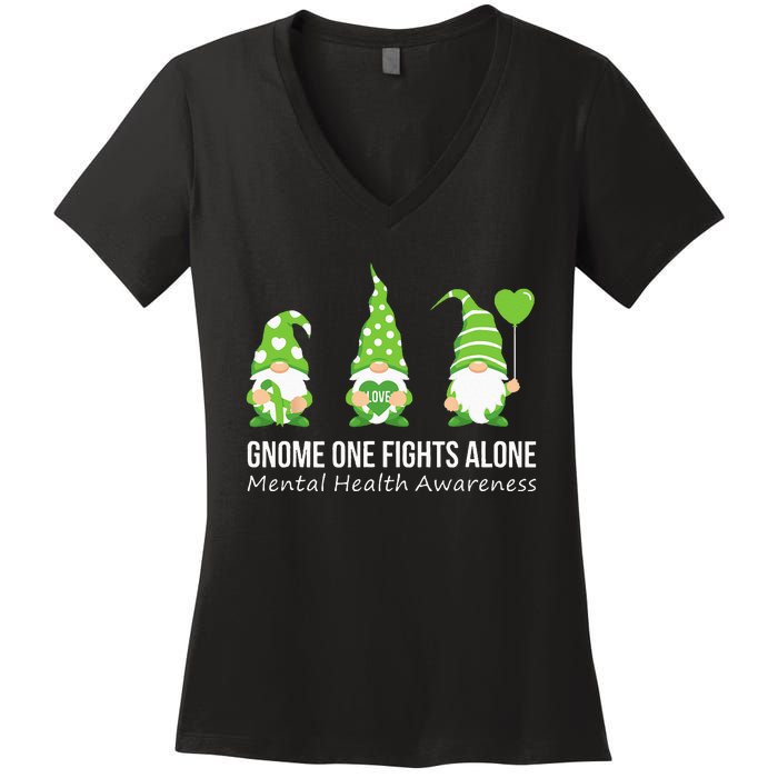 Gnome One Fights Alone Mental Health Awareness Green Ribbon Women's V-Neck T-Shirt