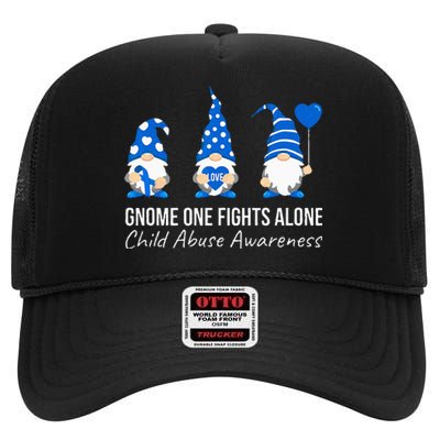 Gnome One Fights Alone Child Abuse Awareness Blue Ribbon High Crown Mesh Back Trucker Hat