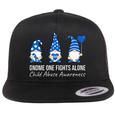 Gnome One Fights Alone Child Abuse Awareness Blue Ribbon Flat Bill Trucker Hat