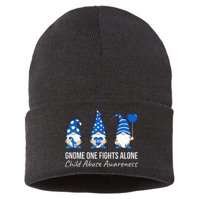 Gnome One Fights Alone Child Abuse Awareness Blue Ribbon Sustainable Knit Beanie