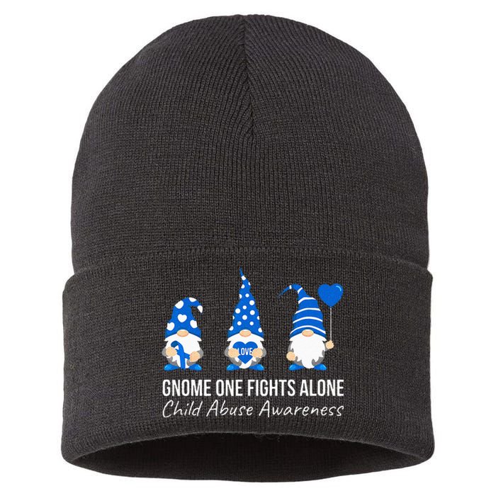 Gnome One Fights Alone Child Abuse Awareness Blue Ribbon Sustainable Knit Beanie