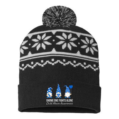 Gnome One Fights Alone Child Abuse Awareness Blue Ribbon USA-Made Snowflake Beanie