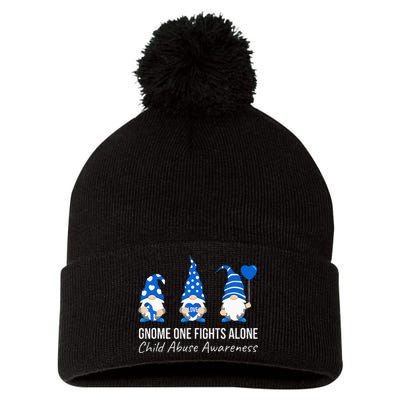 Gnome One Fights Alone Child Abuse Awareness Blue Ribbon Pom Pom 12in Knit Beanie