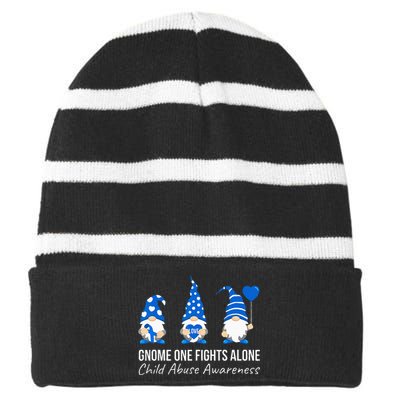 Gnome One Fights Alone Child Abuse Awareness Blue Ribbon Striped Beanie with Solid Band