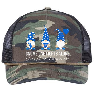 Gnome One Fights Alone Child Abuse Awareness Blue Ribbon Retro Rope Trucker Hat Cap