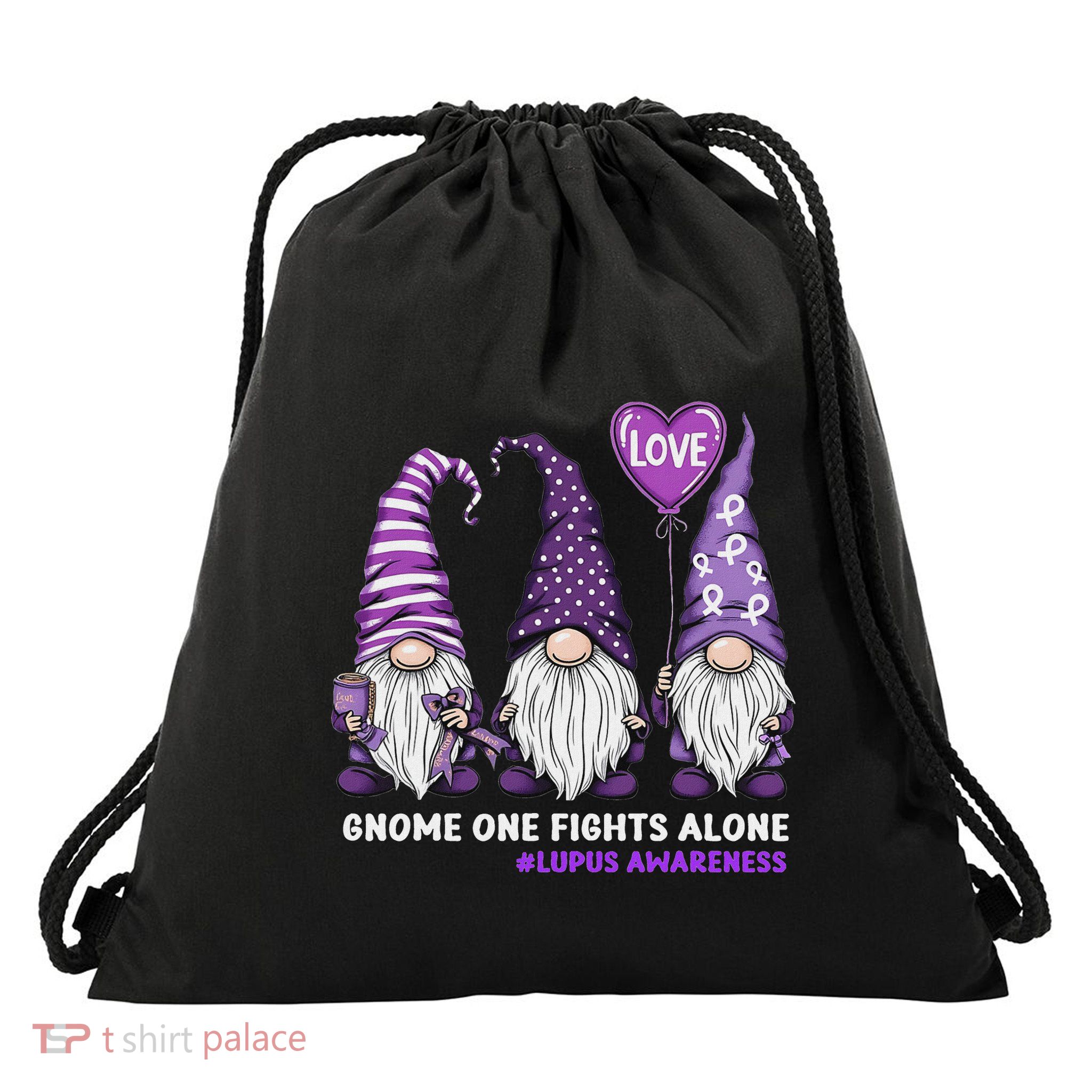 Gnome One Fights Alone Lupus Awareness Month Purple Ribbon Drawstring Bag