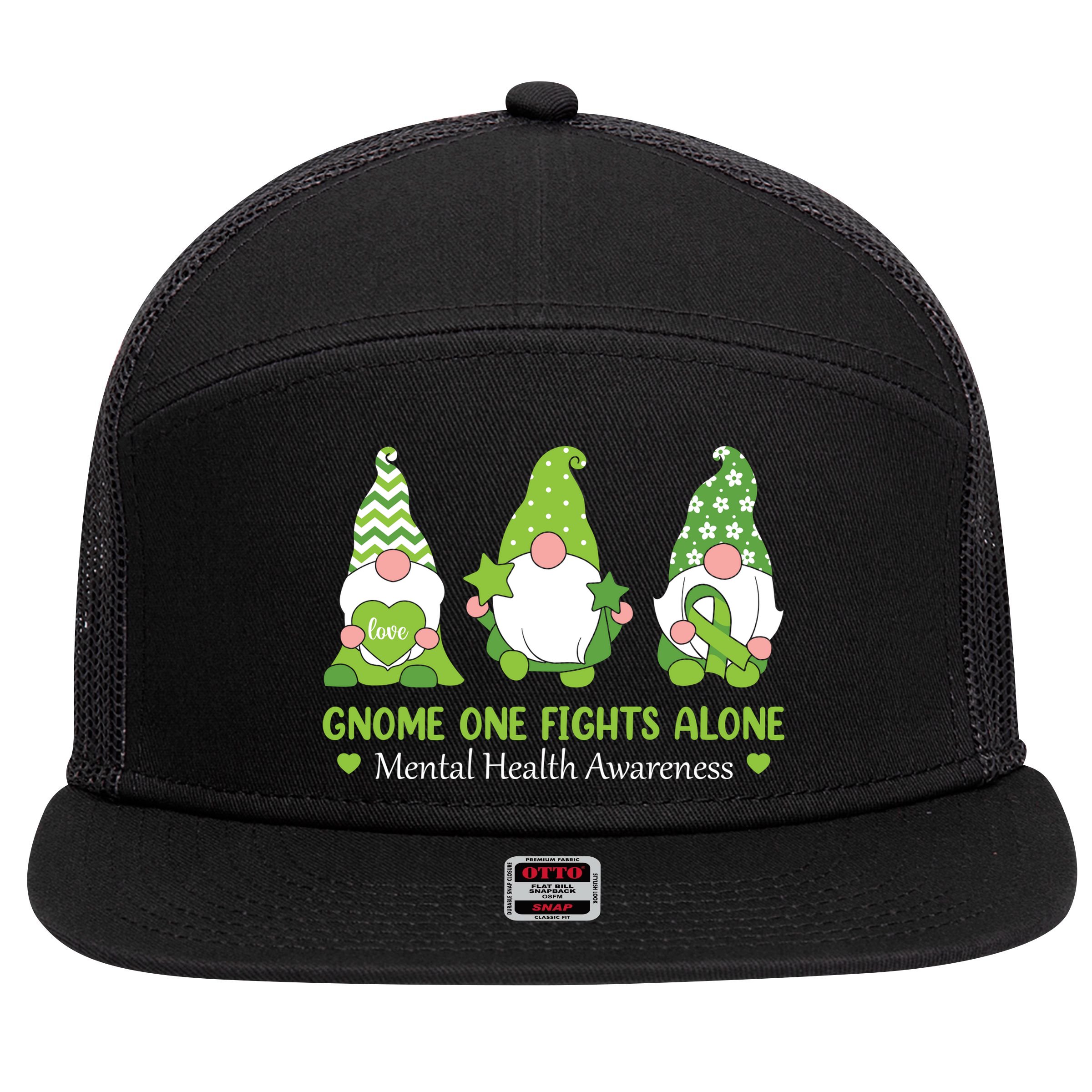 Gnome One Fights Alone Green Mental Health Awareness 7 Panel Mesh Trucker Snapback Hat