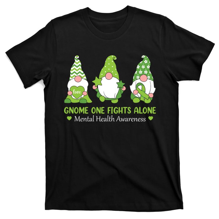 Gnome One Fights Alone Green Mental Health Awareness T-Shirt