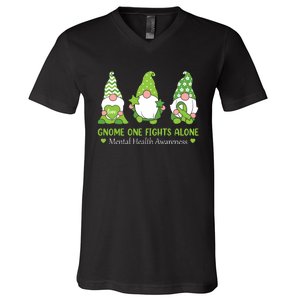 Gnome One Fights Alone Green Mental Health Awareness V-Neck T-Shirt