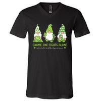 Gnome One Fights Alone Green Mental Health Awareness V-Neck T-Shirt