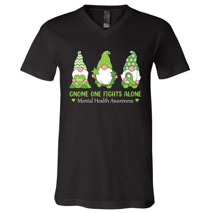 Gnome One Fights Alone Green Mental Health Awareness V-Neck T-Shirt