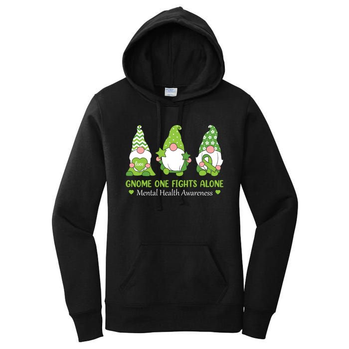 Gnome One Fights Alone Green Mental Health Awareness Women's Pullover Hoodie