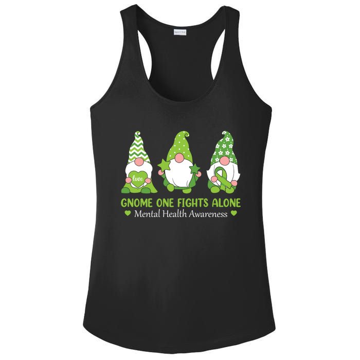 Gnome One Fights Alone Green Mental Health Awareness Ladies PosiCharge Competitor Racerback Tank