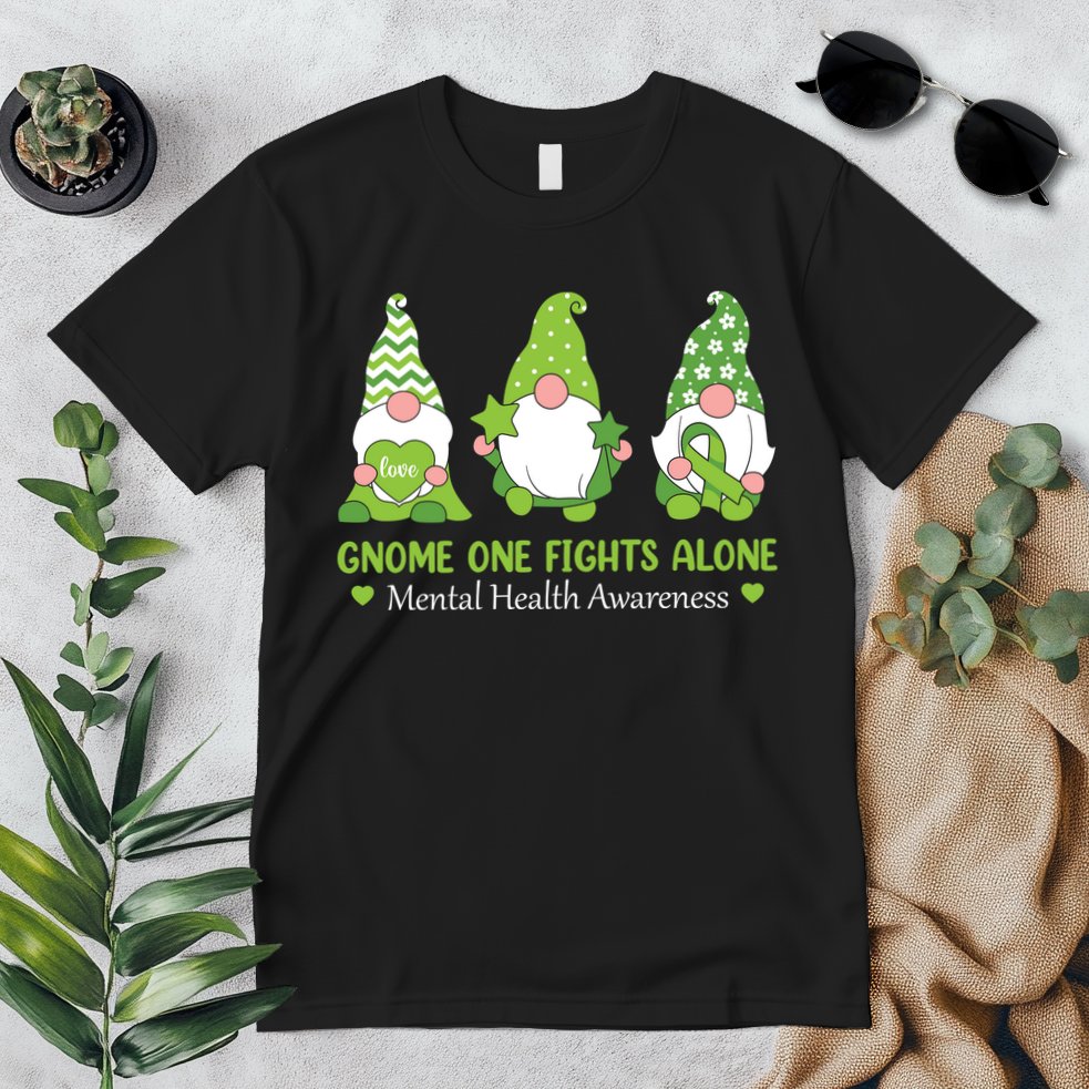 Gnome One Fights Alone Green Mental Health Awareness Premium T-Shirt
