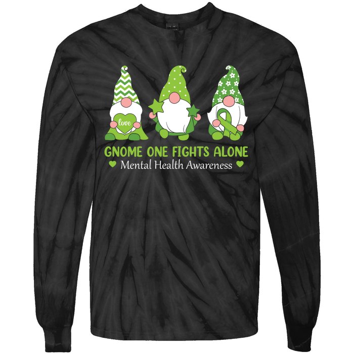 Gnome One Fights Alone Green Mental Health Awareness Tie-Dye Long Sleeve Shirt