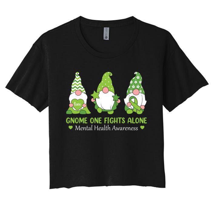 Gnome One Fights Alone Green Mental Health Awareness Women's Crop Top Tee