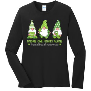 Gnome One Fights Alone Green Mental Health Awareness Ladies Long Sleeve Shirt