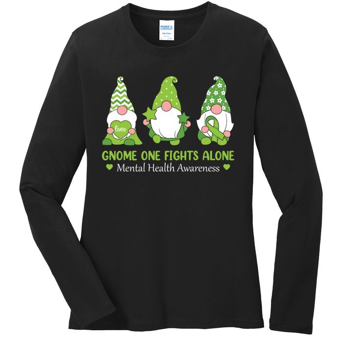 Gnome One Fights Alone Green Mental Health Awareness Ladies Long Sleeve Shirt