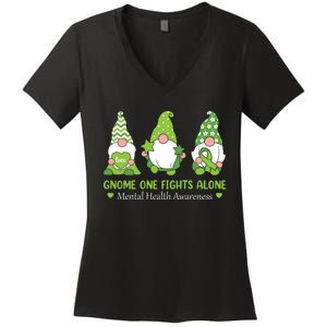 Gnome One Fights Alone Green Mental Health Awareness Women's V-Neck T-Shirt