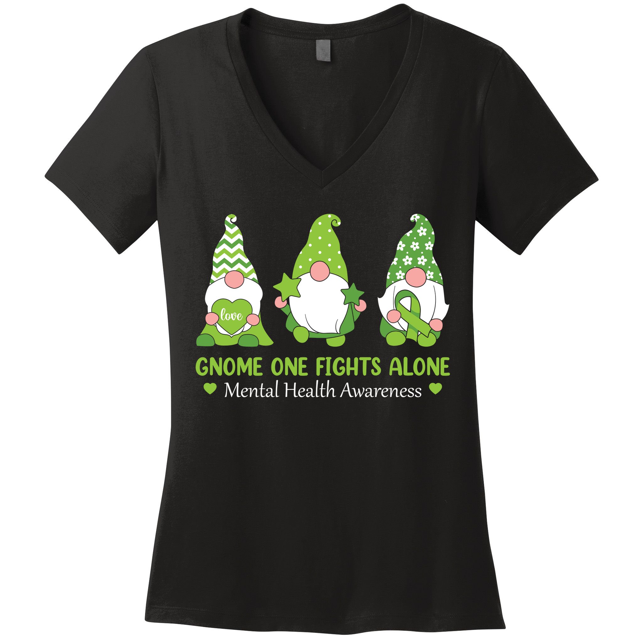 Gnome One Fights Alone Green Mental Health Awareness Women's V-Neck T-Shirt