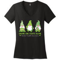 Gnome One Fights Alone Green Mental Health Awareness Women's V-Neck T-Shirt