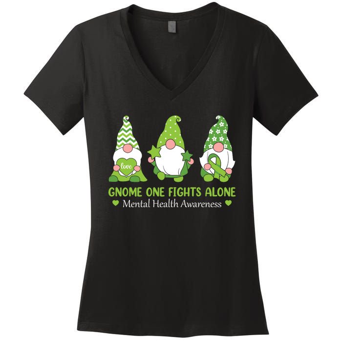 Gnome One Fights Alone Green Mental Health Awareness Women's V-Neck T-Shirt