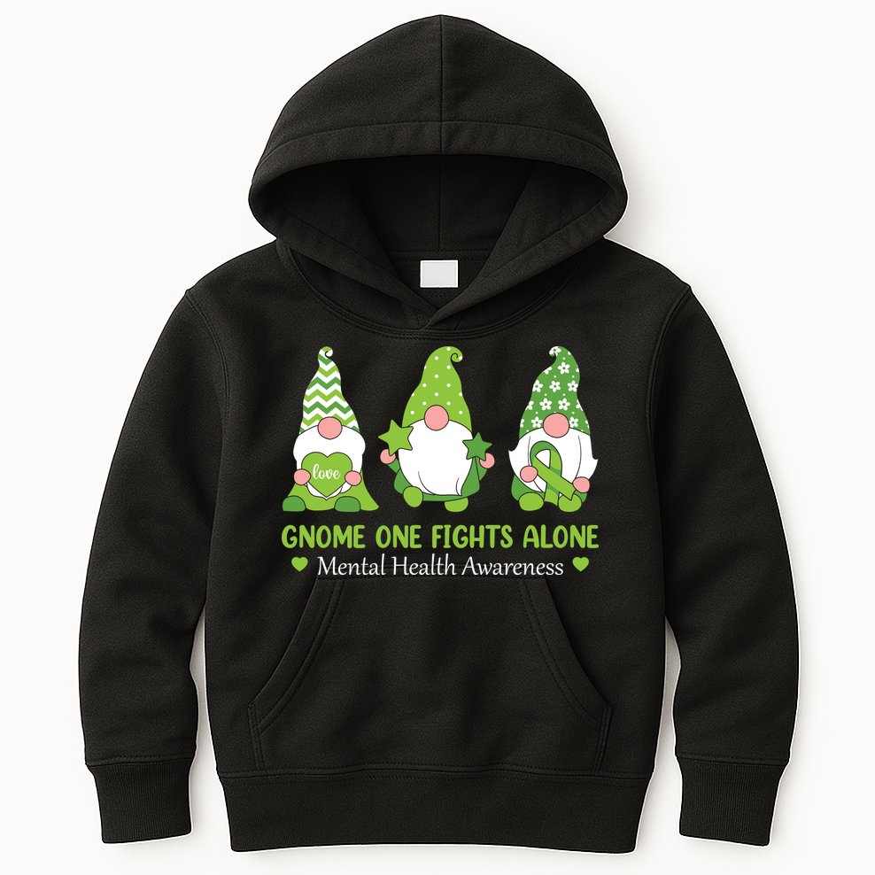 Gnome One Fights Alone Green Mental Health Awareness Kids Hoodie