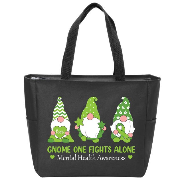 Gnome One Fights Alone Green Mental Health Awareness Zip Tote Bag