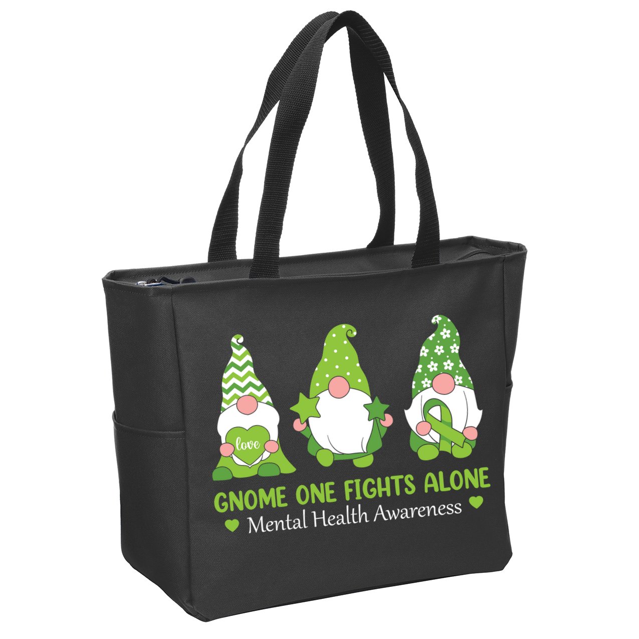 Gnome One Fights Alone Green Mental Health Awareness Zip Tote Bag