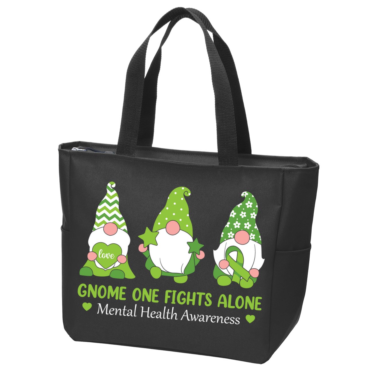 Gnome One Fights Alone Green Mental Health Awareness Zip Tote Bag
