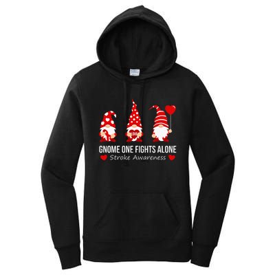 Gnome One Fights Alone Stroke Awareness Red Ribbon Survivor Women's Pullover Hoodie