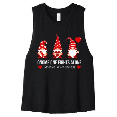 Gnome One Fights Alone Stroke Awareness Red Ribbon Survivor Women's Racerback Cropped Tank