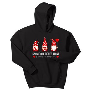 Gnome One Fights Alone Stroke Awareness Red Ribbon Survivor Kids Hoodie