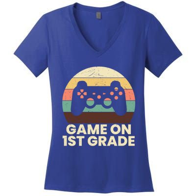 Game On First Grade Teacher Squad Back To School Gamer Gift Women's V-Neck T-Shirt