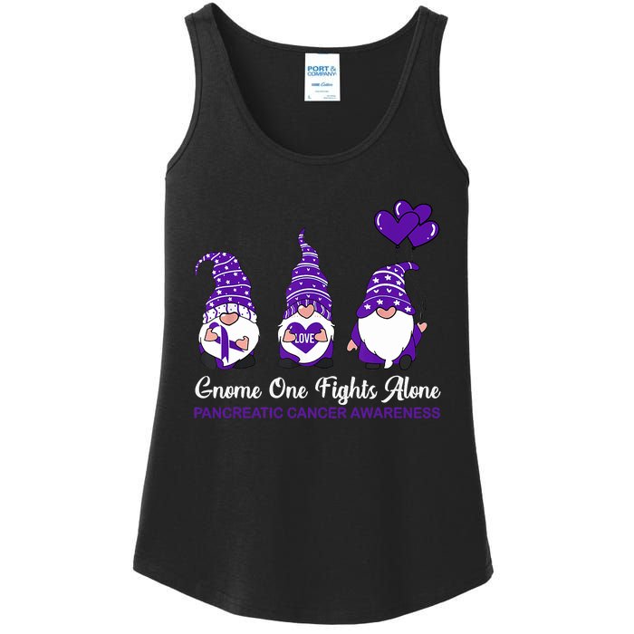 Gnome One Fights Alone Pancreatic Cancer Awareness Ribbon Ladies Essential Tank