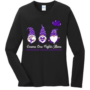 Gnome One Fights Alone Pancreatic Cancer Awareness Ribbon Ladies Long Sleeve Shirt