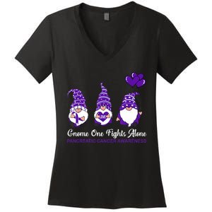 Gnome One Fights Alone Pancreatic Cancer Awareness Ribbon Women's V-Neck T-Shirt