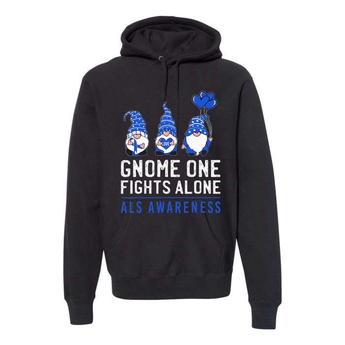 Gnome One Fights Alone ALS Awareness Month Ribbon Support Premium Hoodie