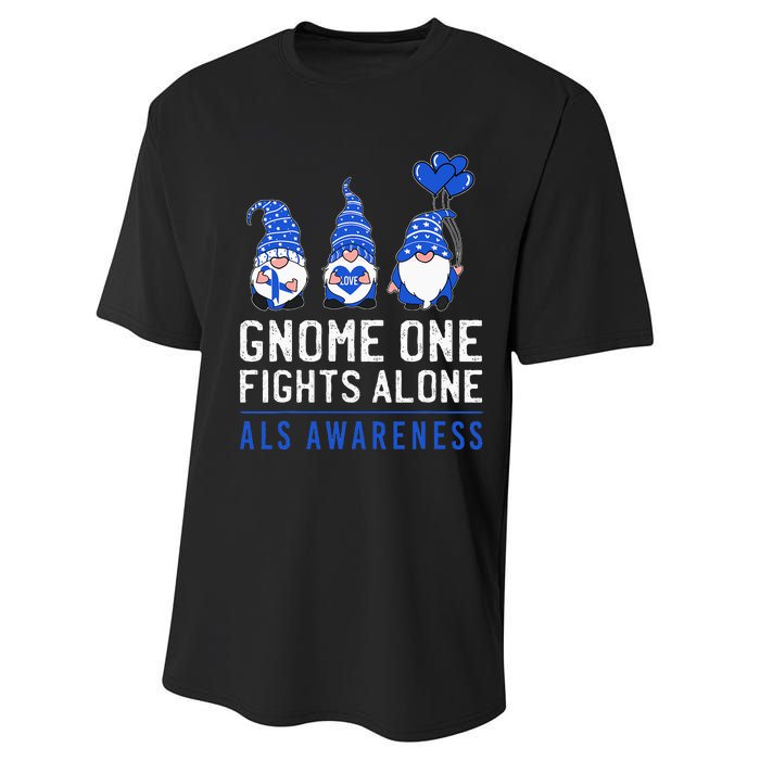 Gnome One Fights Alone ALS Awareness Month Ribbon Support Performance Sprint T-Shirt