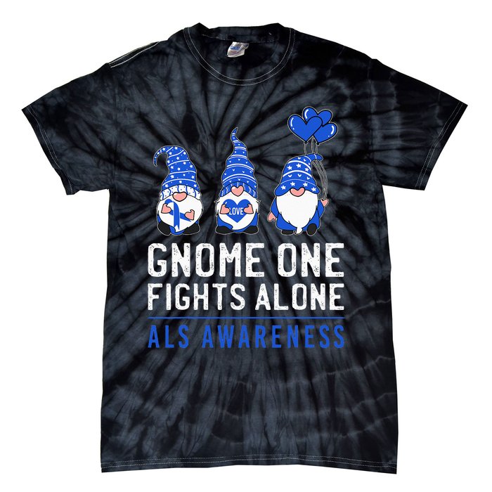 Gnome One Fights Alone ALS Awareness Month Ribbon Support Tie-Dye T-Shirt