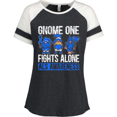 Gnome One Fights Alone ALS Awareness Ribbon Supporter Enza Ladies Jersey Colorblock Tee