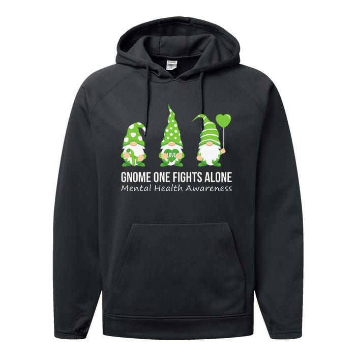 Gnome One Fights Alone Mental Health Awareness Green Ribbon Performance Fleece Hoodie