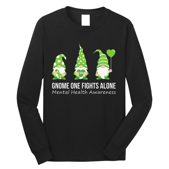 Gnome One Fights Alone Mental Health Awareness Green Ribbon Long Sleeve Shirt