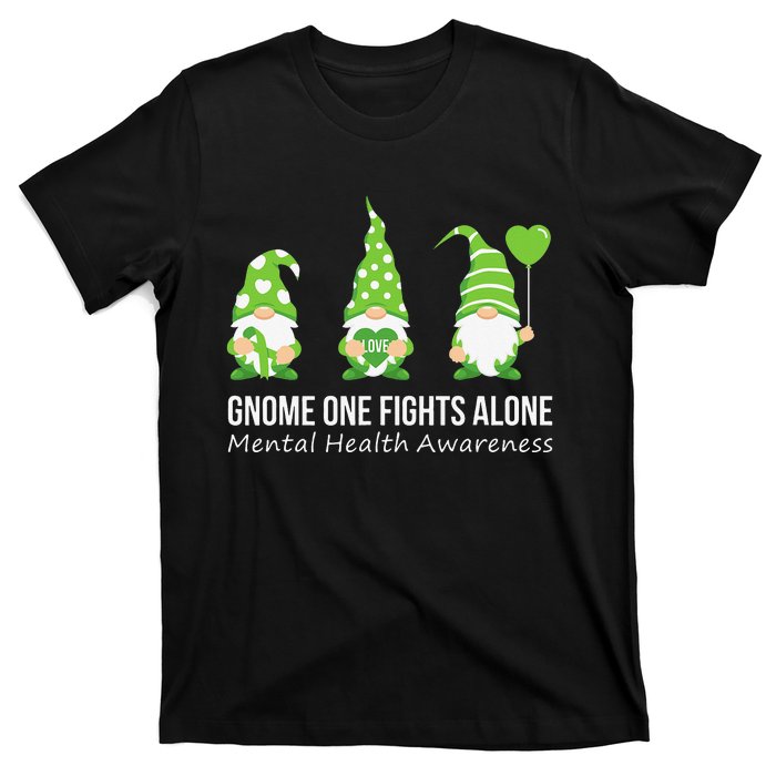 Gnome One Fights Alone Mental Health Awareness Green Ribbon T-Shirt